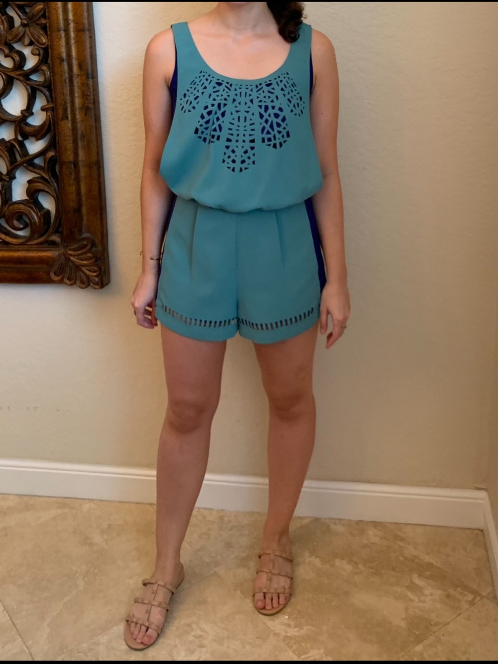 Teal Laser-Cut Romper with Royal Blue Side Panels
